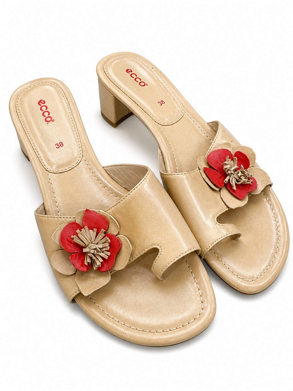 Ecco Beige Leather Slide Mules with Red Floral Accent